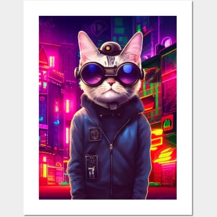 Techno Cat In Japan Neon City Posters and Art